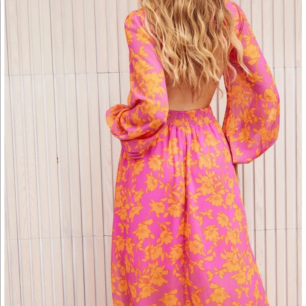 Pink and Orange floral long sleeve maxi dress with cutouts. - Picture 5 of 8